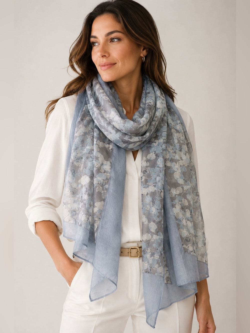 Simply Vera Vera Wang Gray Blue Watercolor Floral Sheer Oblong Scarf Wrap Shawl